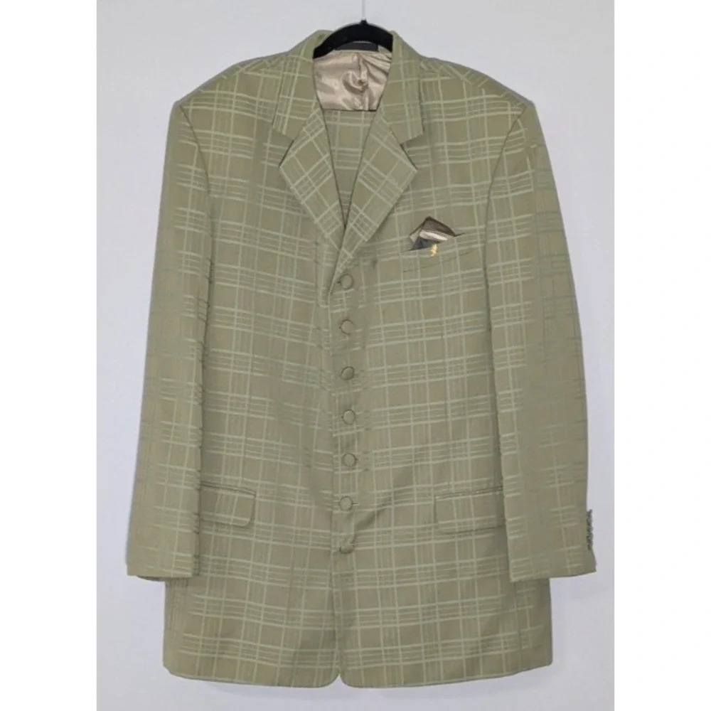 Falcone Vintage Olive Green Windowpane 7 Button Zoot Suit 44L 38W 1920s Styled
